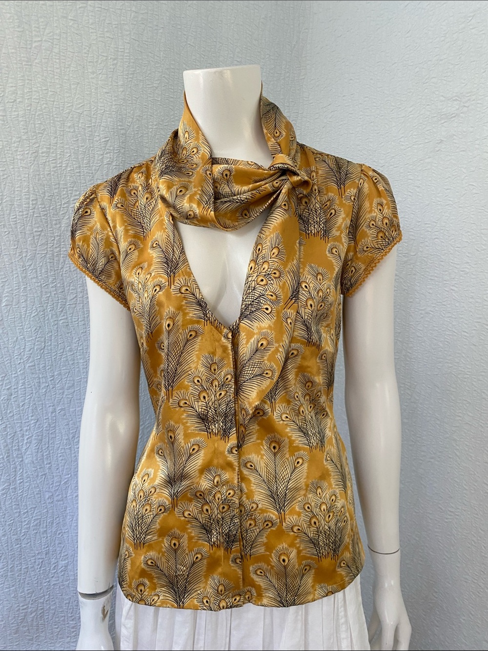 Free People Mustard Yellow Peacock-Print Tie-Neck Silk Blouse - Picture 2 of 13